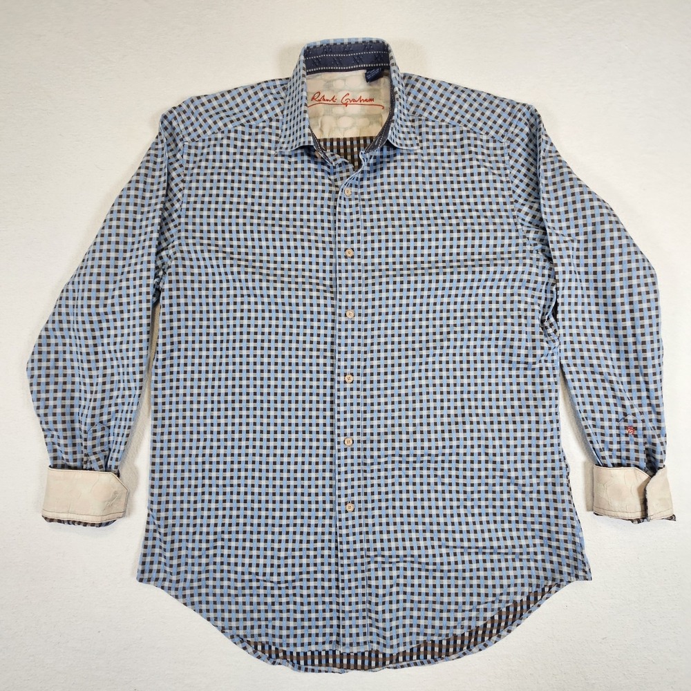 Robert Graham Mens Shirt M Medium Blue‎ Black Squares Preppy
